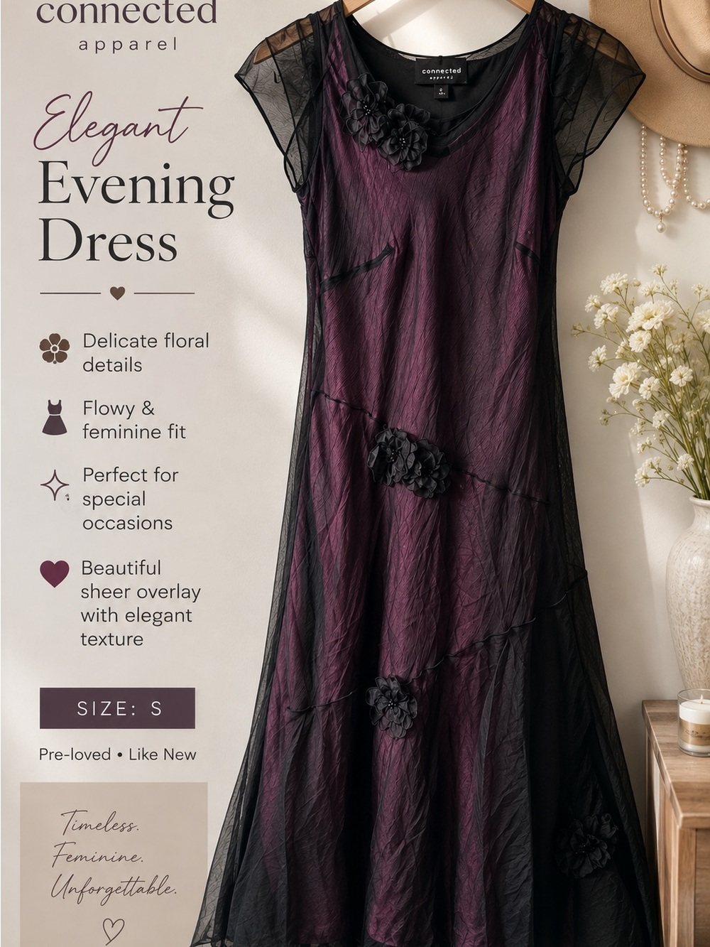 connected apparel Plum Dress with Black Sheer Overlay